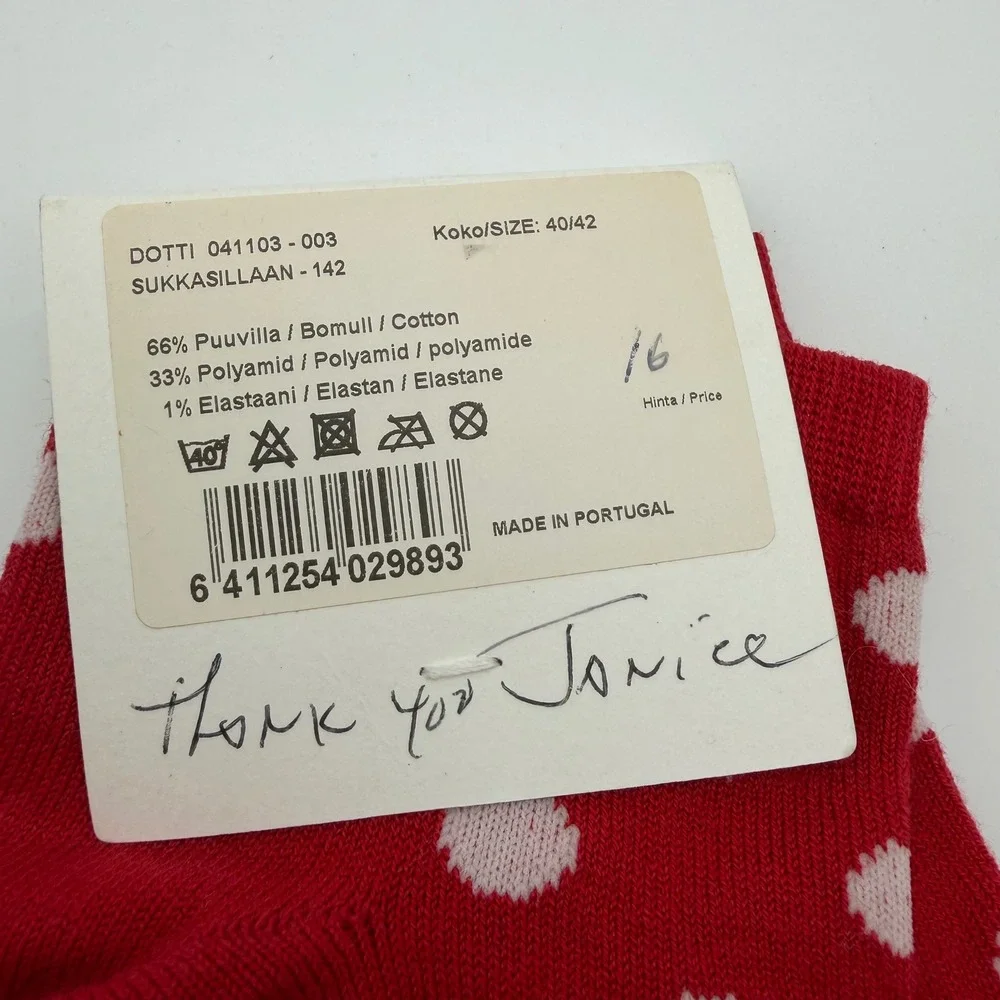 Marimekko Dotti Red Pink Polka Dot Ankle Socks Cotton Blend Size 40/42 Portugal